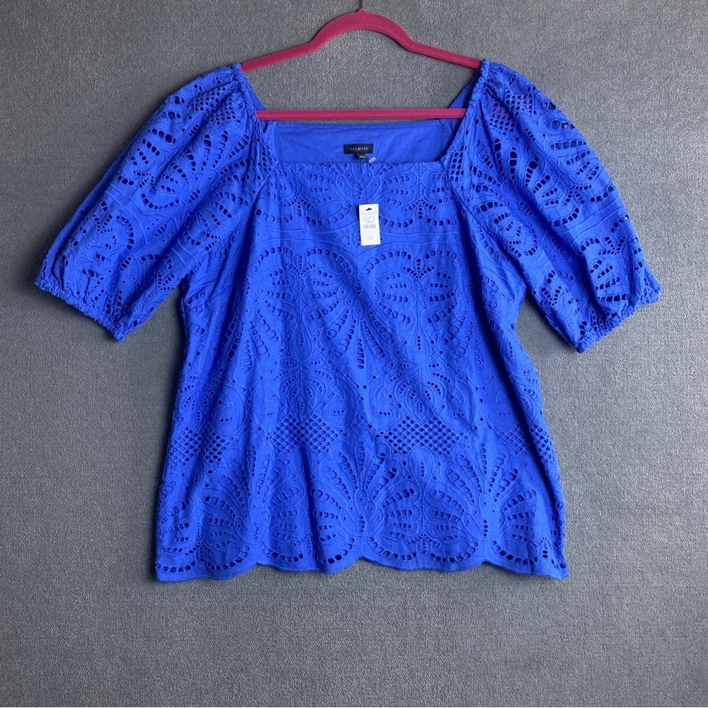 Talbots Womens Eyelet Square Neck Top Puff Sleeve Blue Scallop size 14